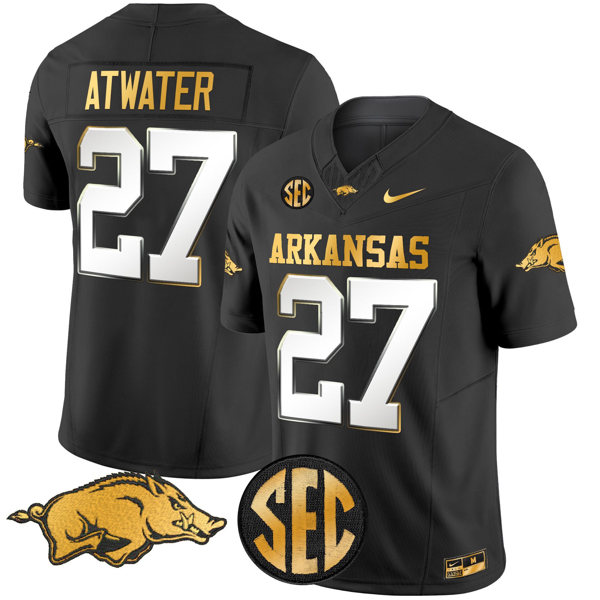 Men Arkansas Razorbacks #27 Atwater Black Nike 2024 Gold Vapor Limited NCAA Jersey style 2